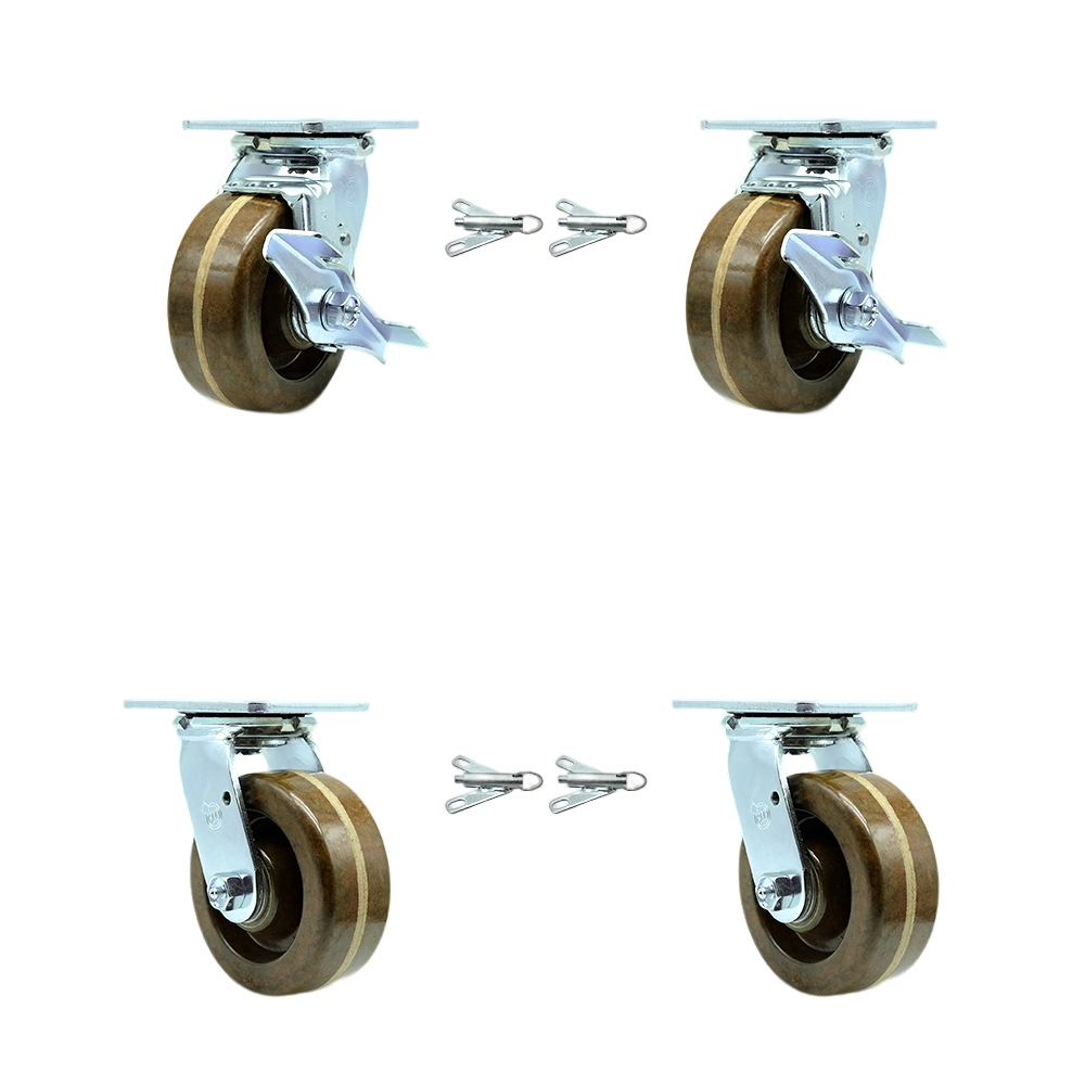 Heavy Duty Swivel Caster Set with 5 Inch High Temp Glass Filled Nylon Wheels and Bronze Bearing-Include 2 Swivel with Brake& Bolt on Swivel Lock and 2 Swivel w/Bolt on Swivel Lock-Service Caster Brand — photo 1