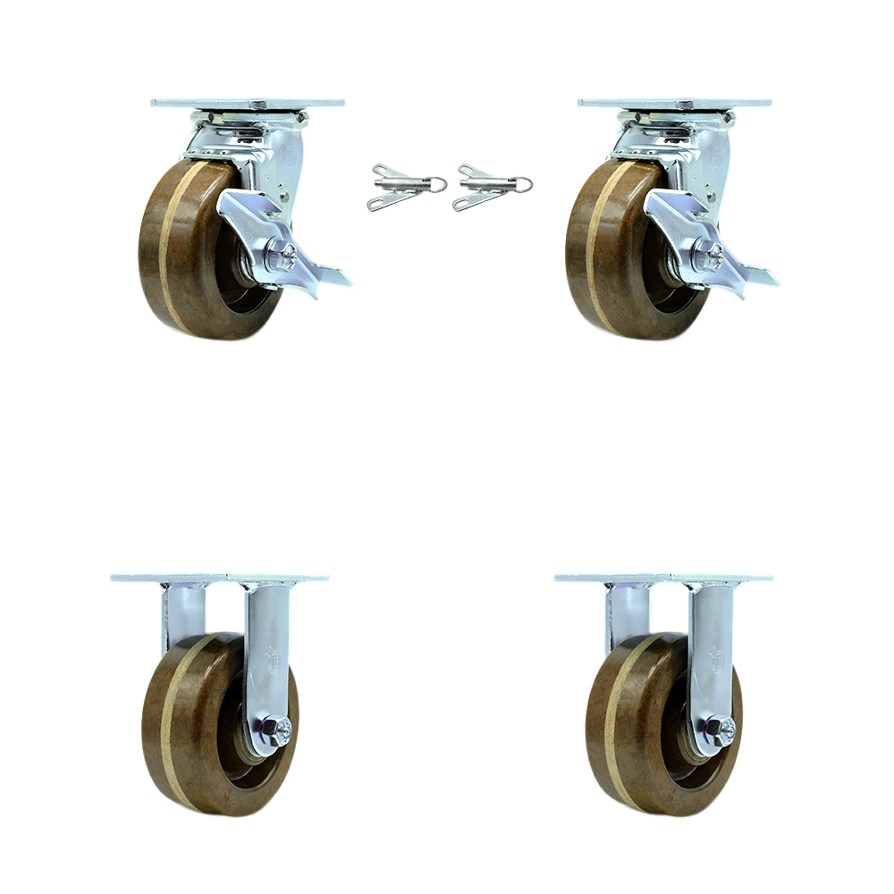 High Temp Phenolic Swivel Top Plate Casters Set of 4 Heavy Duty with 5 Inch Wheels - Includes 2 Swivel with Brakes and Bolt on Swivel Locks and 2 Rigid-4,000 lbs. Total Capacity - Service Caster Brand — photo 1