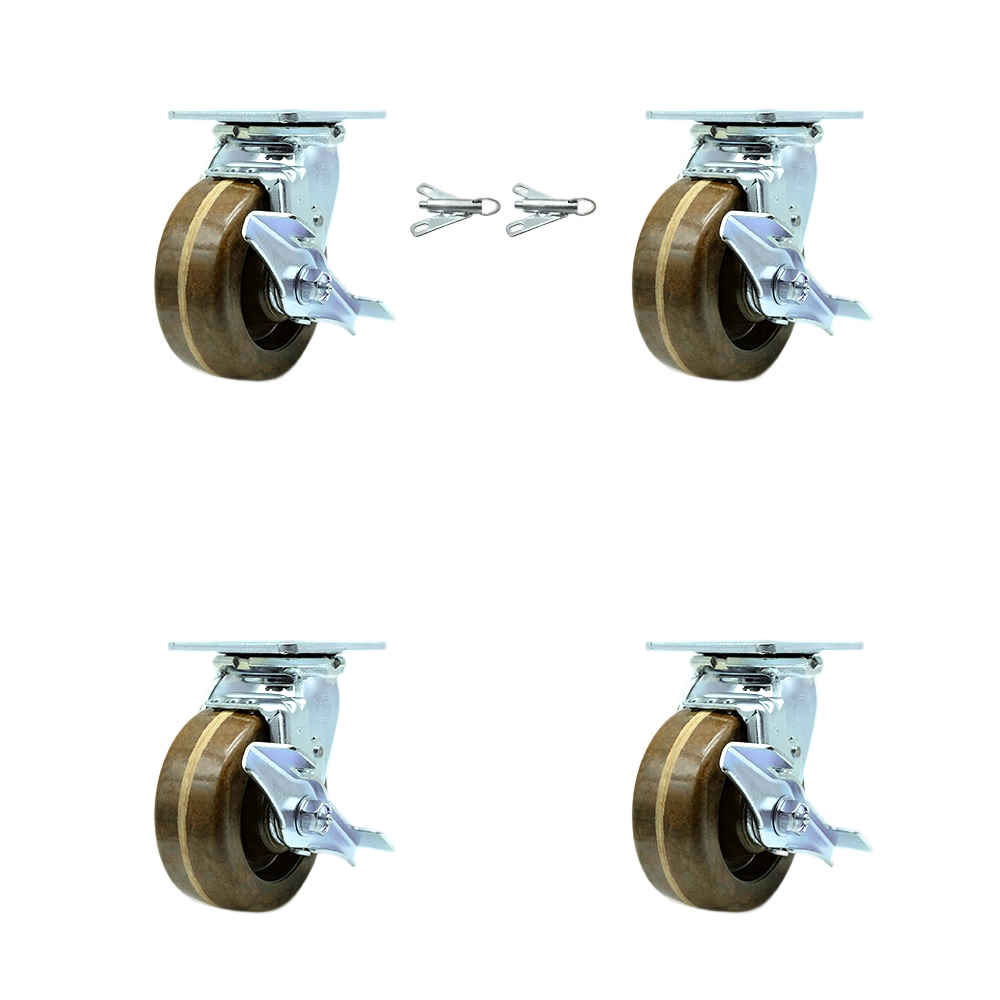High Temperature Phenolic Swivel Top Plate Casters Set of 4 Heavy Duty with 5 Inch Wheels - Includes 2 Swivel with Brakes and Bolt on Swivel Locks and 2 Swivel with Brakes - Service Caster Brand — photo 1