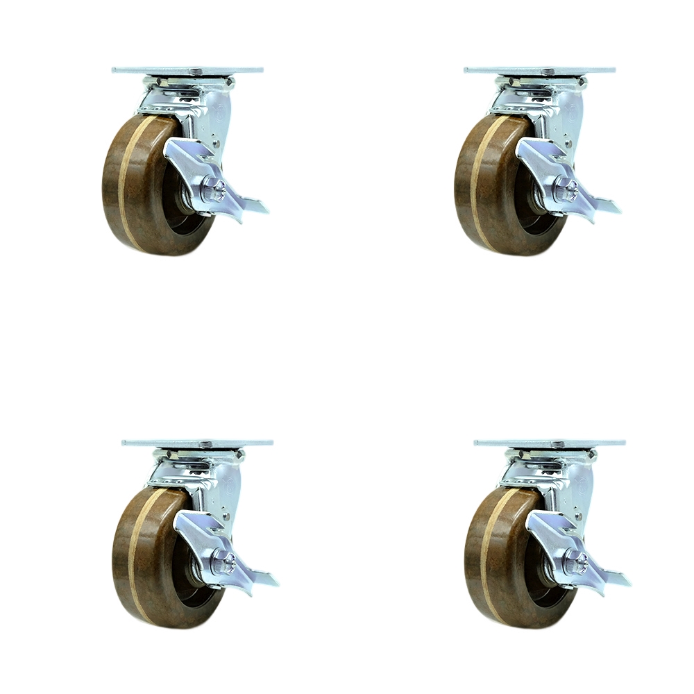 Heavy Duty Swivel Caster Set of 4 with 5 Inch High Temperature Phenolic Wheels and Bronze Bearings - Includes 4 Swivel with Top Lock Brakes and Bolt on Swivel Locks - Service Caster Brand — photo 1