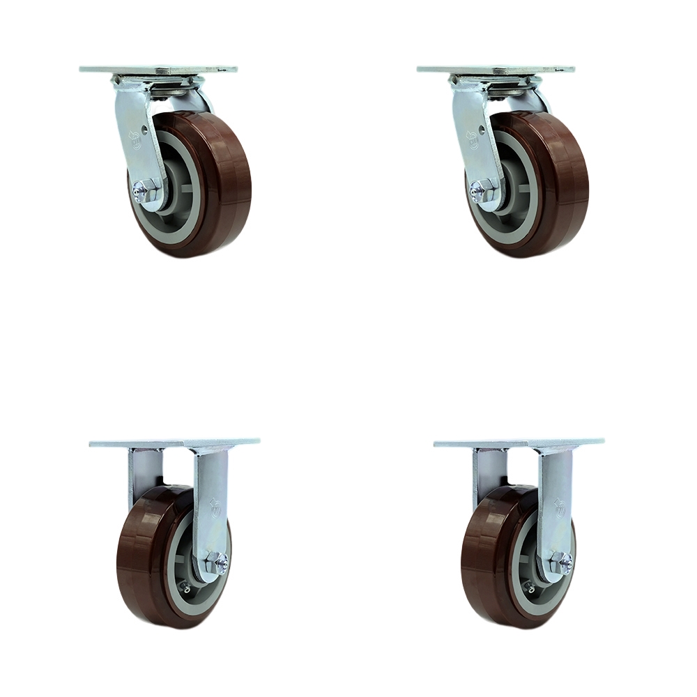 Heavy Duty Swivel Caster Set of 4 with 5 Inch Polyurethane Wheels and Ball Bearings - Includes 2 Swivel and 2 Rigid - 3,000 lbs. Total Capacity - Service Caster Brand — photo 1