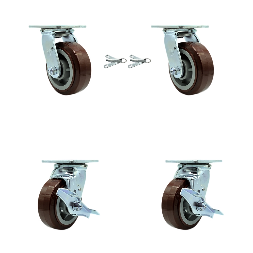 Polyurethane Swivel Top Plate Casters Set of 4 Heavy Duty with 5 Inch Wheels - Includes 2 Swivel with Bolt on Swivel Locks and 2 Swivel with Brakes - 3,000 lbs. Total Capacity - Service Caster Brand — photo 1