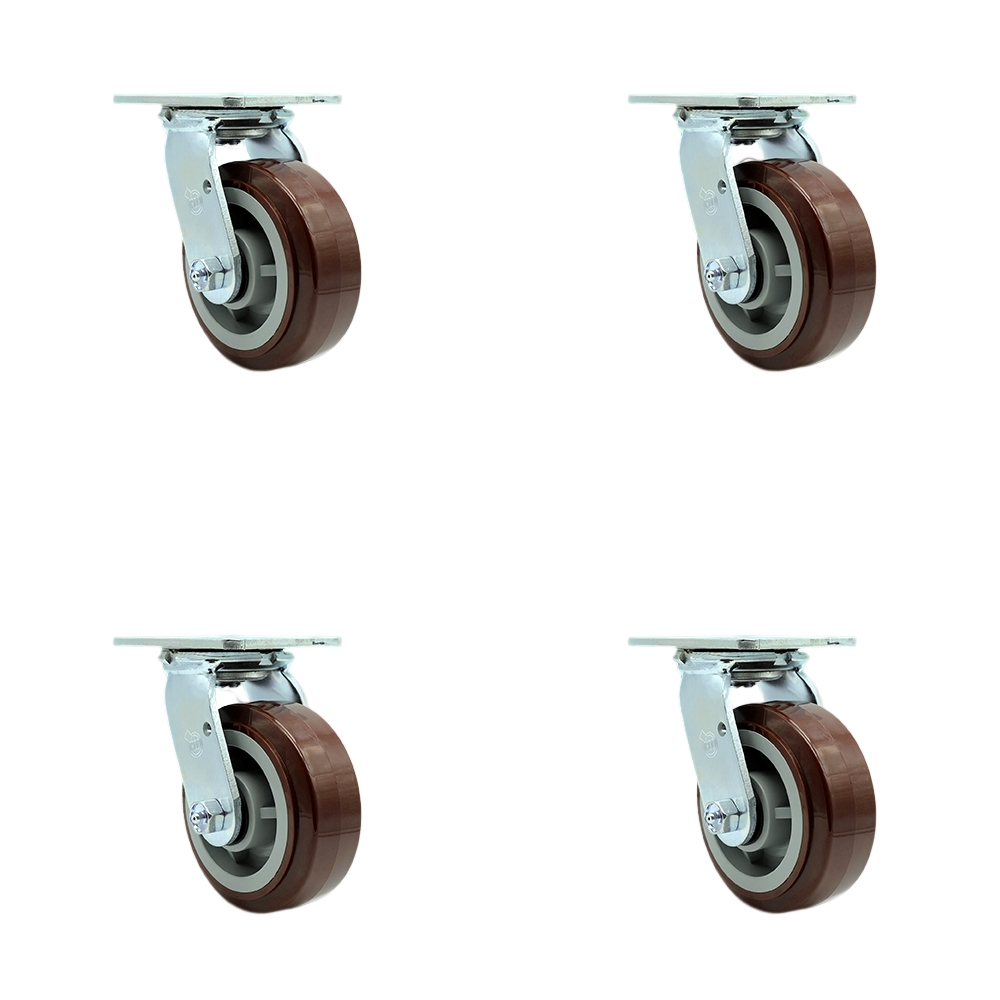 Polyurethane Swivel Top Plate Casters Set of 4 Heavy Duty with 5 Inch Wheels - Includes 4 Swivel with Bolt on Swivel Locks – 3,000 lbs. Total Capacity - Service Caster Brand — photo 1