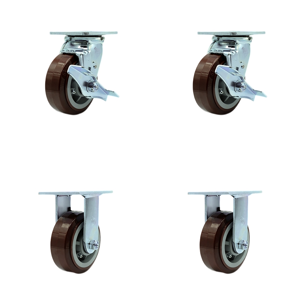 Tool Box Caster Wheel Set - 5 Inch Non-Marking, Maintenance Free Maroon Polyurethane Wheels - Industrial Grade - 2 Swivel with Top Lock Brakes - Service Caster Brand — photo 1