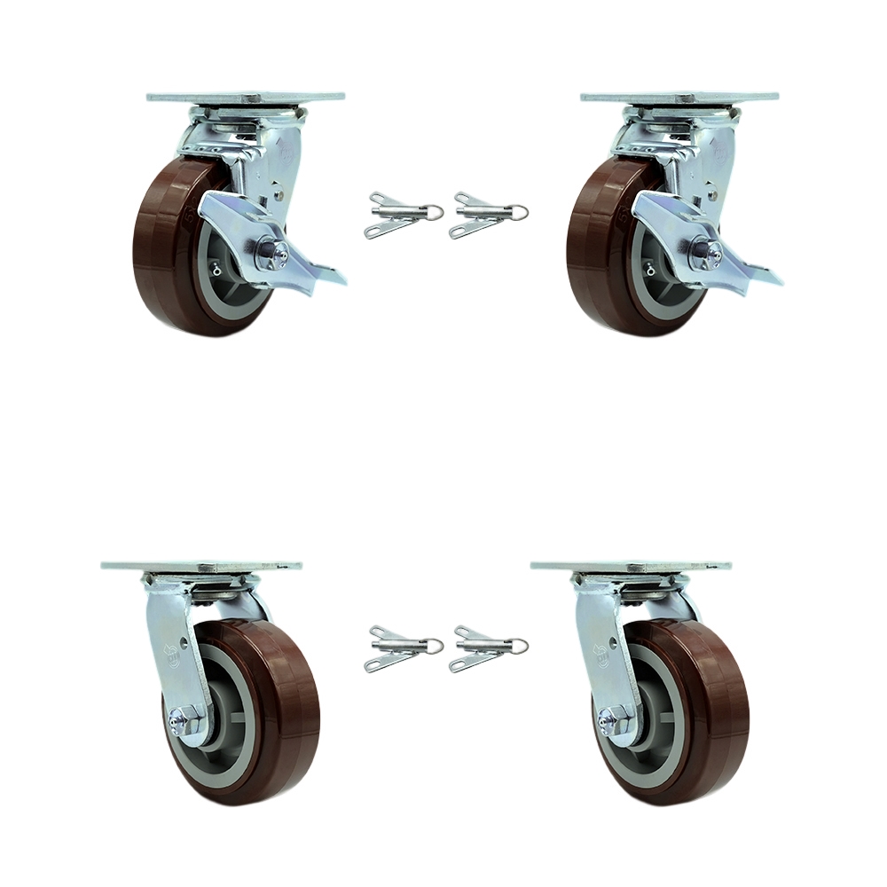 Polyurethane Swivel Top Plate Casters Set 4 Heavy Duty with 5 Inch Wheels- Includes 2 Swivel with Brakes and Bolt on Swivel Locks and 2 Swivel with Bolt on Swivel Locks - Service Caster Brand — photo 1
