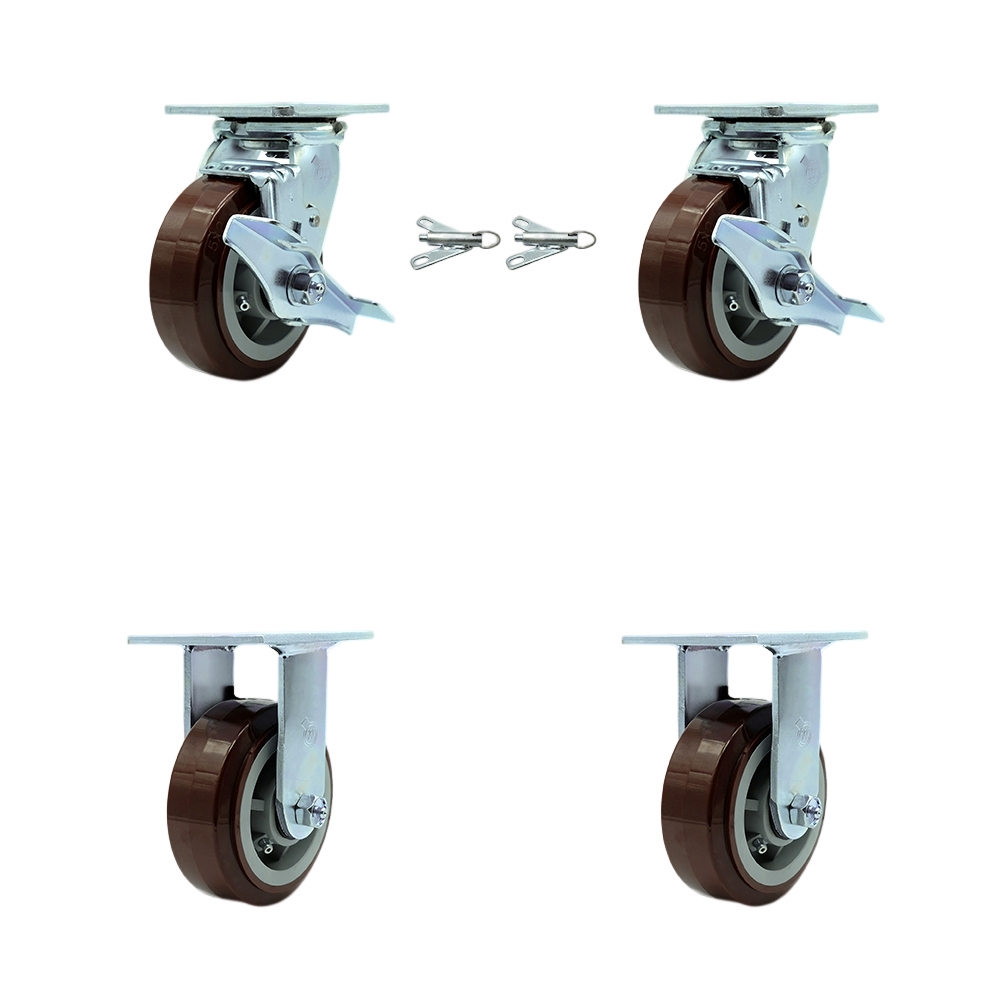 Polyurethane Swivel Top Plate Casters Set of 4 Heavy Duty with 5 Inch Wheels - Includes 2 Swivel with Brakes and Bolt on Swivel Locks and 2 Rigid - 3,000 lbs. Total Capacity - Service Caster Brand — photo 1