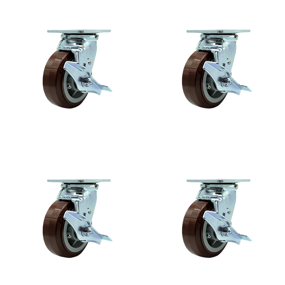 Heavy Duty Swivel Caster Set of 4 with 5 Inch Polyurethane Wheels and Ball Bearings - Includes 2 Swivel with Brakes and Bolt on Swivel Locks and 2 Swivel with Brakes - Service Caster Brand — photo 1
