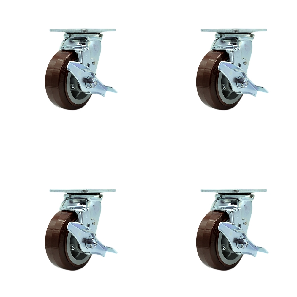 Heavy Duty Swivel Caster Set of 4 with 5 Inch Polyurethane Wheels and Ball Bearings - Includes 4 Swivel with Top Lock Brakes and Bolt on Swivel Locks - 3,000 lbs. Total Capacity - Service Caster Brand — photo 1