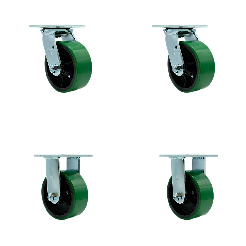 Heavy Duty Swivel Caster Set of 4 with 5 Inch Green Polyurethane on Cast Iron Wheels and Ball Bearings - Includes 2 Swivel and 2 Rigid - 4,000 lbs. Total Capacity - Service Caster Brand — photo 1
