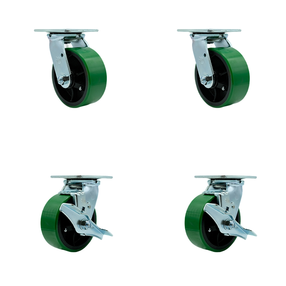 Tool Box Caster Wheel Set - 5 Inch Non-Marking, Easy Rolling Green Polyurethane on Cast Iron Wheels - Industrial Grade - 2 Swivel with Top Lock Brakes - Service Caster Brand — photo 1