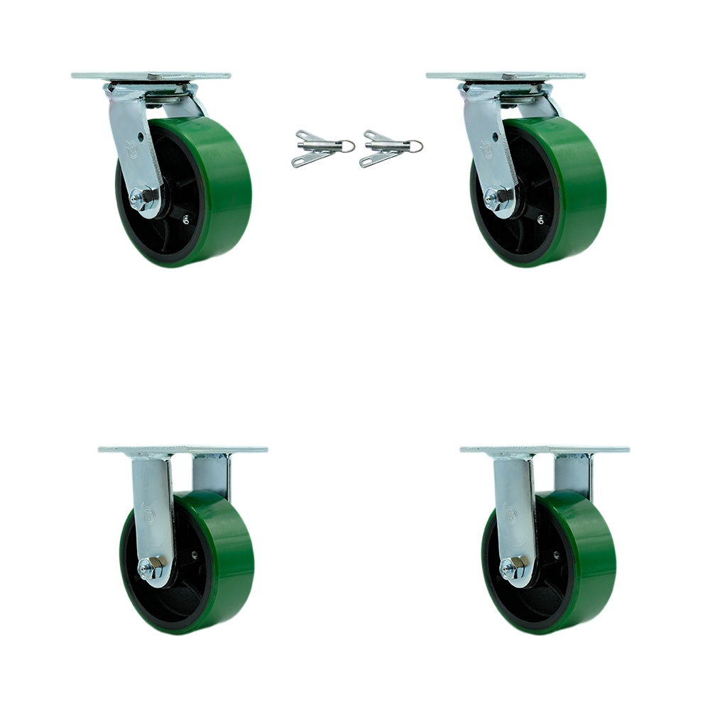 Heavy Duty Swivel Caster Set with 5 Inch Green Polyurethane on Cast Iron Wheels and Ball Bearings-Includes 2 Swivel with Bolt on Swivel Locks and 2 Rigid-4,000 lbs. Total Capacity-Service Caster Brand — photo 1