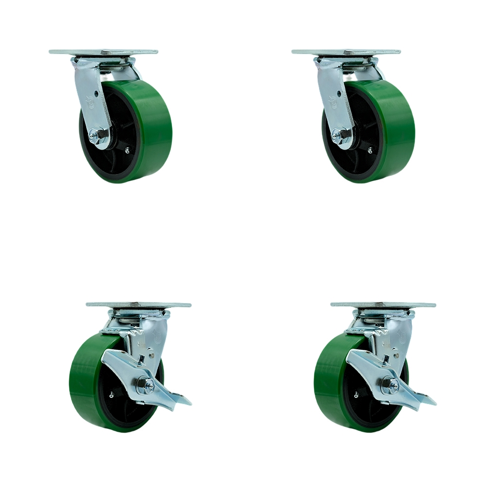 Polyurethane on Cast Iron Swivel Top Plate Casters Set of 4 Heavy Duty with 5 Inch Green Wheels - Includes 2 Swivel with Bolt on Swivel Locks and 2 Swivel with Brakes - Service Caster Brand — photo 1
