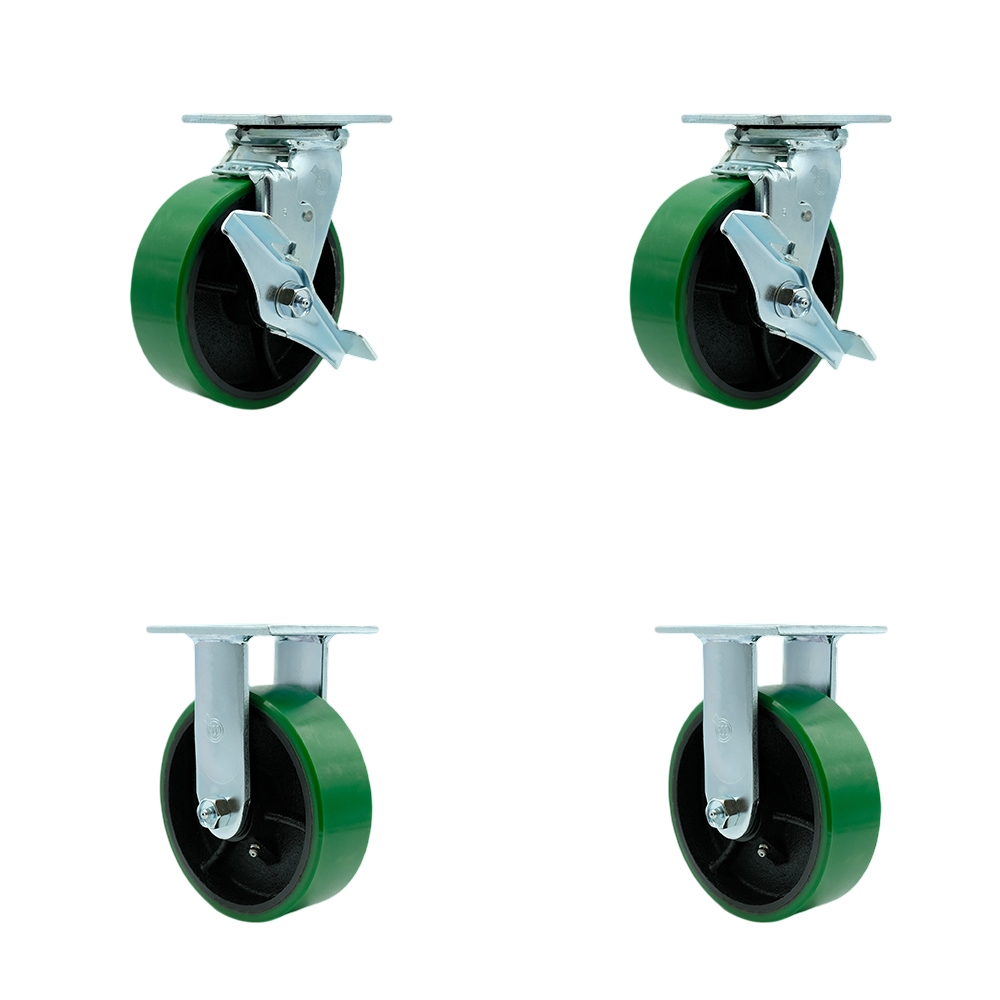 Tool Box Caster Wheel Set - 6 Inch Non-Marking, Easy Rolling Green Polyurethane on Cast Iron Wheels - Industrial Grade - 2 Swivel with Top Lock Brakes - Service Caster Brand — photo 1