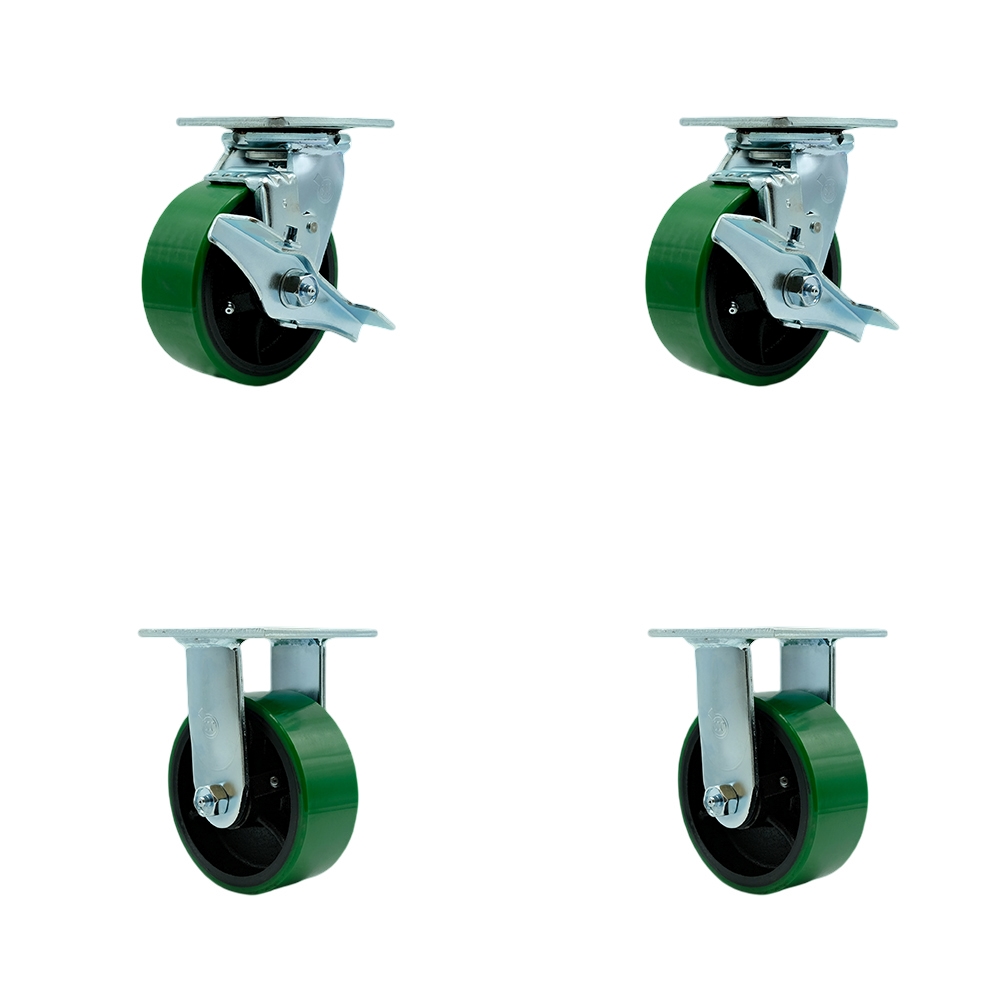 Tool Box Caster Wheel Set - 5 Inch Non-Marking, Maintenance Free Green Polyurethane on Cast Iron Wheels - Industrial Grade - 2 Swivel with Top Lock Brakes - Service Caster Brand — photo 1