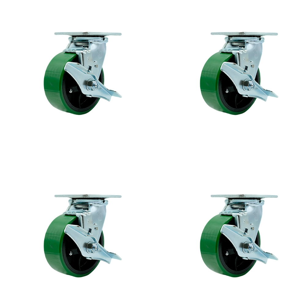 Tool Box Caster Wheel Set - 5 Inch Non-Marking, Easy Rolling Green Polyurethane on Cast Iron Wheels - Industrial Grade - 4 Swivel Casters with Top Lock Brakes - Service Caster Brand — photo 1