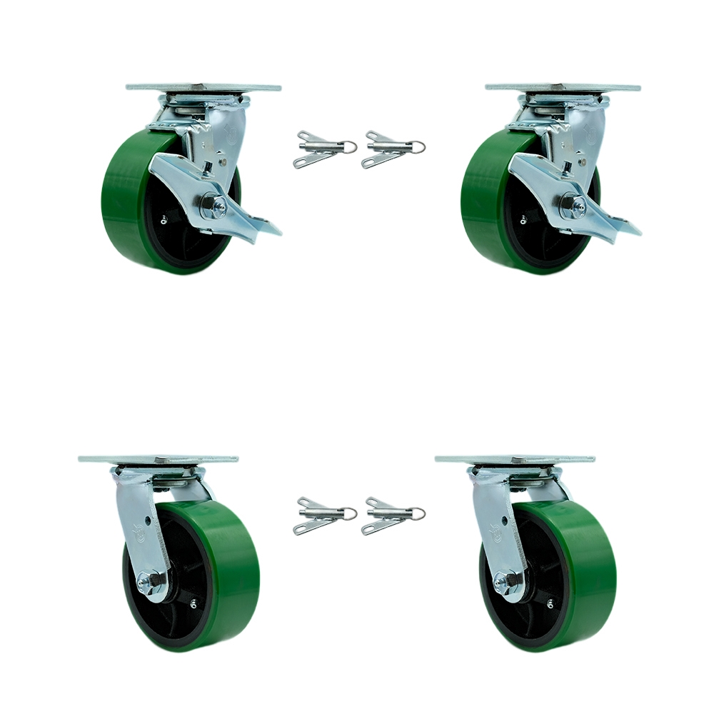 Poly on Cast Iron Swivel Top Plate Casters Set 4 Heavy Duty with 5 Inch Green Wheels-Includes 2 Swivel with Brakes and Bolt on Swivel Locks and 2 Swivel with Bolt on Swivel Locks- Service Caster Brand — photo 1