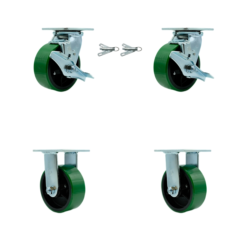 Polyurethane on Cast Iron Swivel Top Plate Casters Set of 4 Heavy Duty with 5 Inch Green Wheels - Includes 2 Swivel with Brakes and Bolt on Swivel Locks and 2 Rigid - Service Caster Brand — photo 1