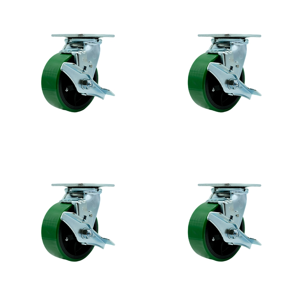 Heavy Duty Swivel Caster Set with 5 Inch Green Polyurethane on Cast Iron Wheels and Ball Bearings-Includes 2 Swivel with Brakes and Bolt on Swivel Locks and 2 Swivel with Brakes - Service Caster Brand — photo 1