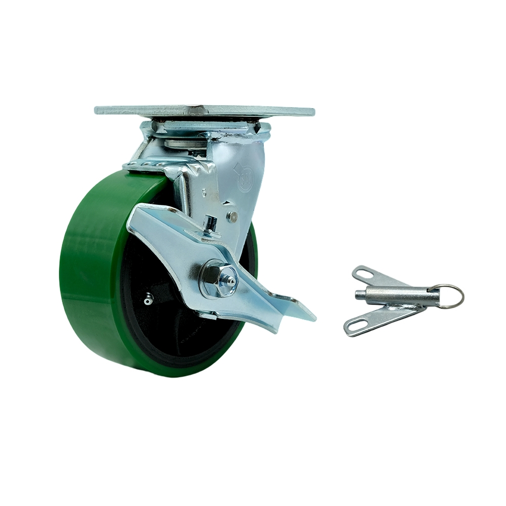 Heavy Duty Swivel Top Plate Caster with Top Lock Brake and Bolt on Swivel Lock and 5 Inch Green Polyurethane on Cast Iron Wheel with Ball Bearings - 1,000 lbs. Capacity/Caster - Service Caster Brand — photo 1
