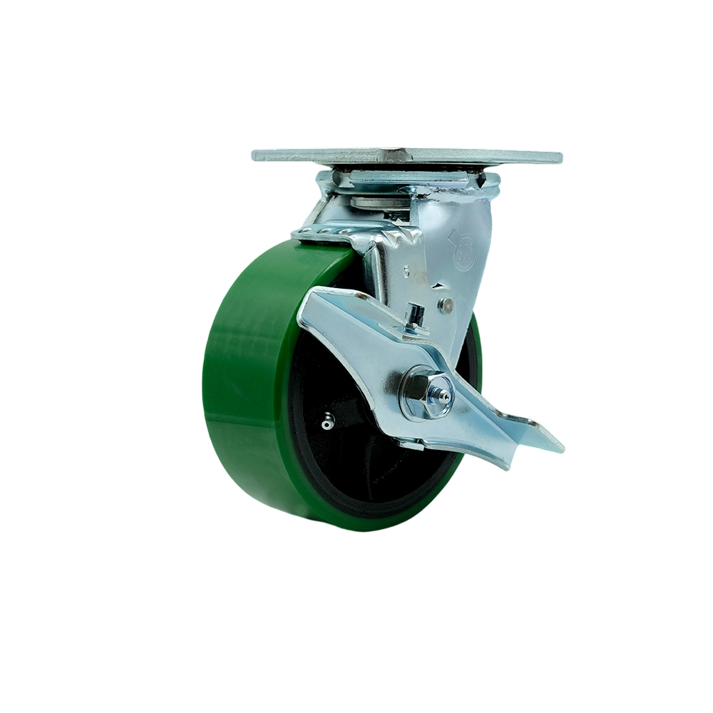 5" Heavy Duty Swivel Caster with Green Polyurethane on Iron Wheel and Brake - 1,000 lbs Capacity - Service Caster Brand — photo 1