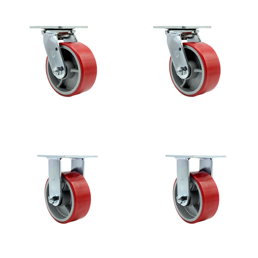 Polyurethane on Cast Iron Swivel Top Plate Casters Set of 4 Heavy Duty with 5 Inch Red Wheels - Includes 2 Swivel and 2 Rigid – 4,000 lbs. Total Capacity - Service Caster Brand — photo 1