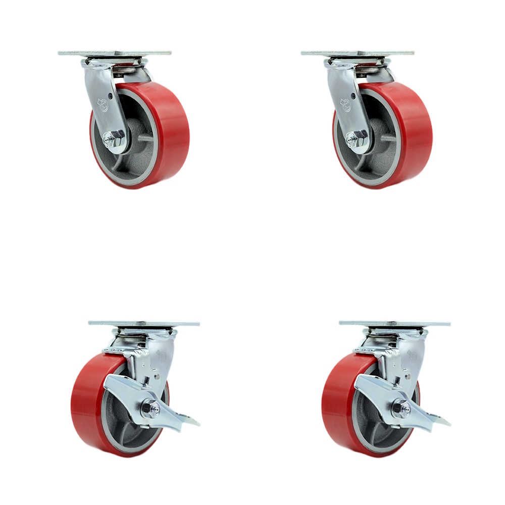 Tool Box Caster Wheel Set - 5 Inch Non-Marking, Maintenance Free Red Polyurethane on Cast Iron Wheels - Industrial Grade - 2 Swivel with Top Lock Brakes - Service Caster Brand — photo 1
