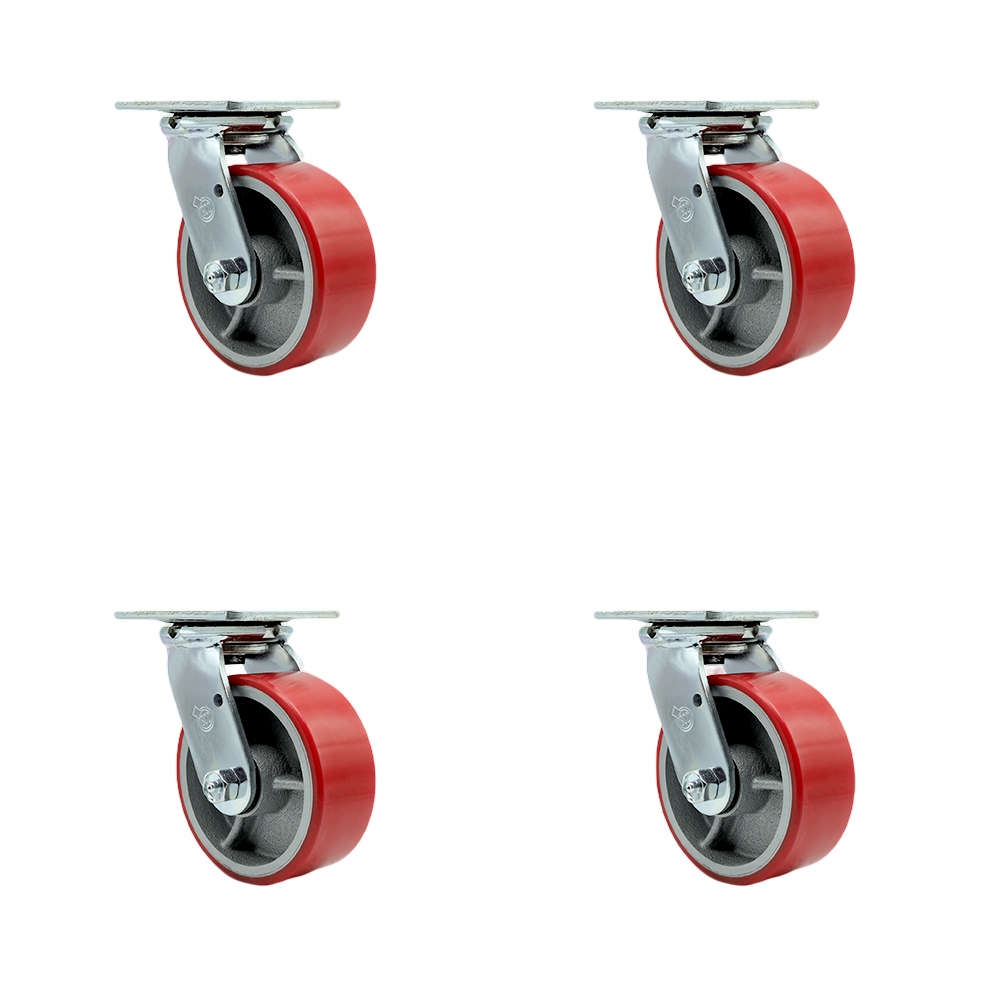 Polyurethane on Cast Iron Swivel Top Plate Casters Set of 4 Heavy Duty with 5 Inch Red Wheels - Includes 4 Swivel – 4,000 lbs. Total Capacity - Service Caster Brand — photo 1