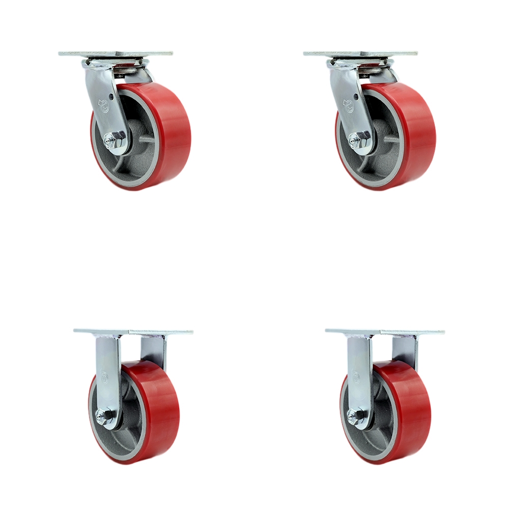 Polyurethane on Cast Iron Swivel Top Plate Casters Set of 4 Heavy Duty with 5 Inch Red Wheels-Includes 2 Swivel with Bolt on Swivel Locks and 2 Rigid-4,000 lbs. Total Capacity - Service Caster Brand — photo 1