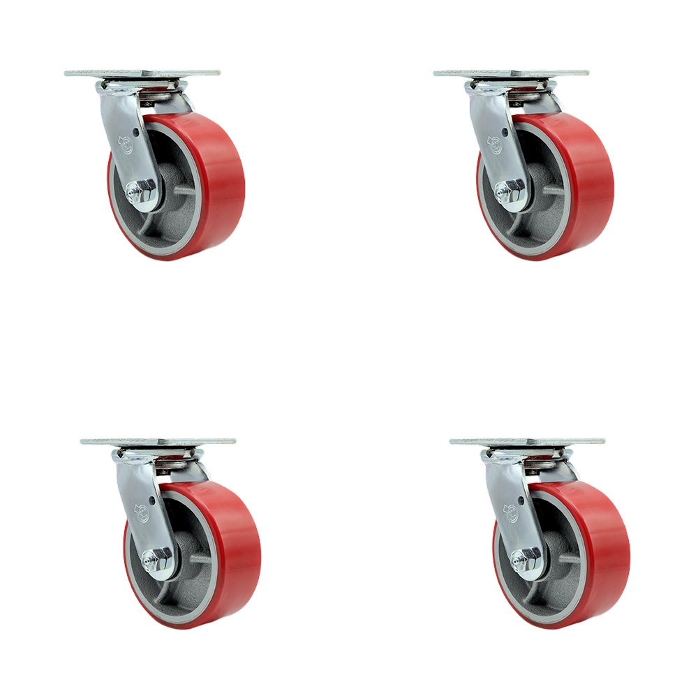 Polyurethane on Cast Iron Swivel Top Plate Casters Set of 4 Heavy Duty with 5 Inch Red Wheels - Includes 4 Swivel with Bolt on Swivel Locks – 4,000 lbs. Total Capacity - Service Caster Brand — photo 1