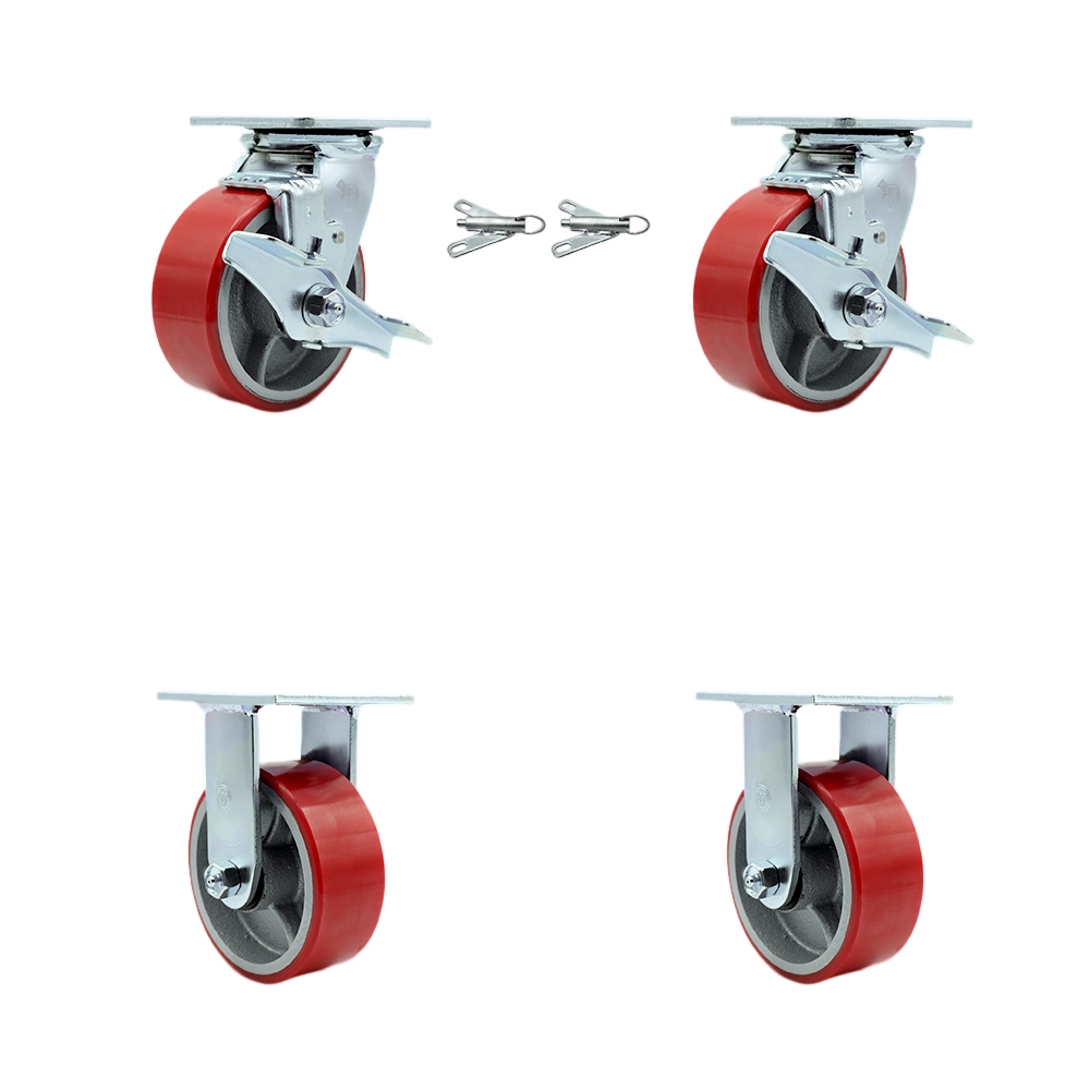Polyurethane on Cast Iron Swivel Top Plate Casters Set of 4 Heavy Duty with 5 Inch Red Wheels - Includes 2 Swivel with Brakes and 2 Rigid – 4,000 lbs. Total Capacity - Service Caster Brand — photo 1