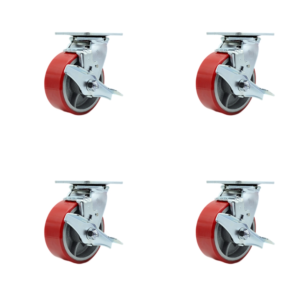 Tool Box Caster Wheel Set - 5 Inch Non-Marking, Easy Rolling Red Polyurethane on Cast Iron Wheels - Industrial Grade - 4 Swivel Casters with Top Lock Brakes - Service Caster Brand — photo 1