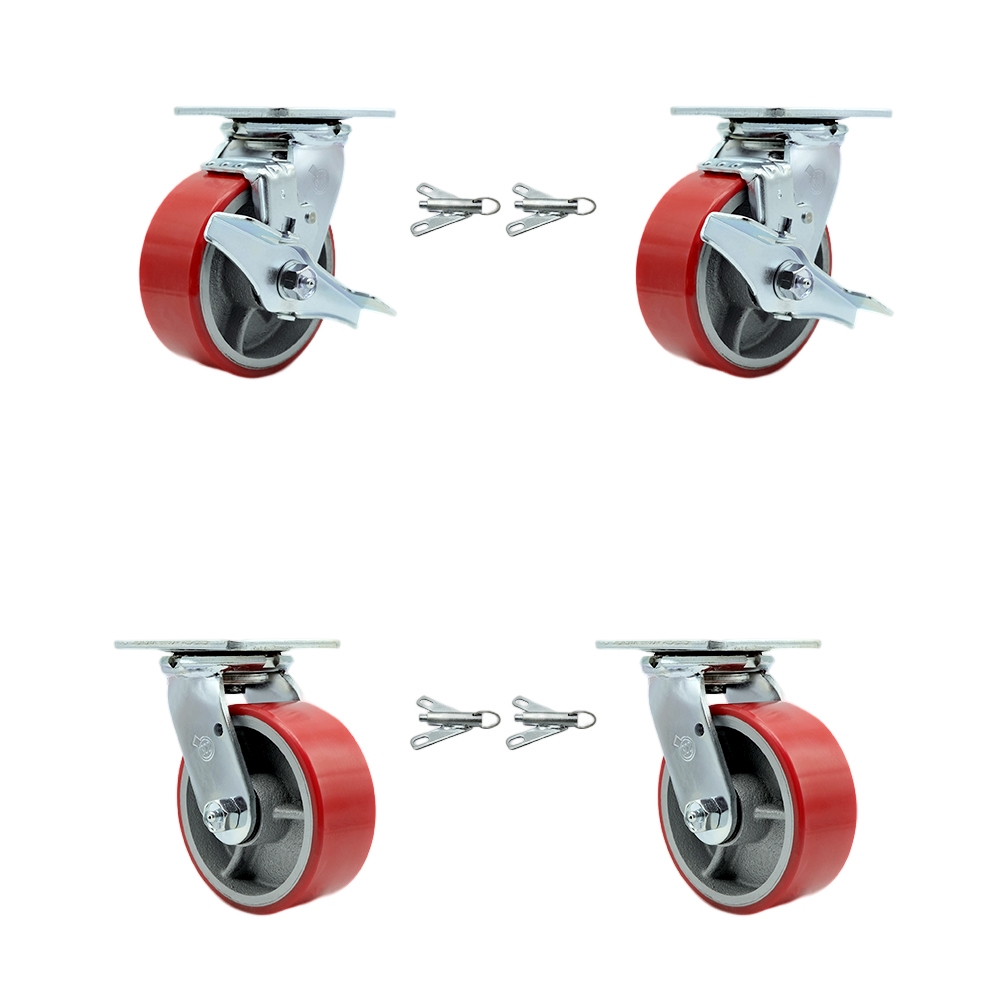 Heavy Duty Swivel Caster Set with 5 Inch Red Poly on Cast Iron Wheels and Ball Bearings-Include 2 Swivel with Brake and Bolt on Swivel Lock and 2 Swivel with Bolt on Swivel Lock-Service Caster Brand — photo 1