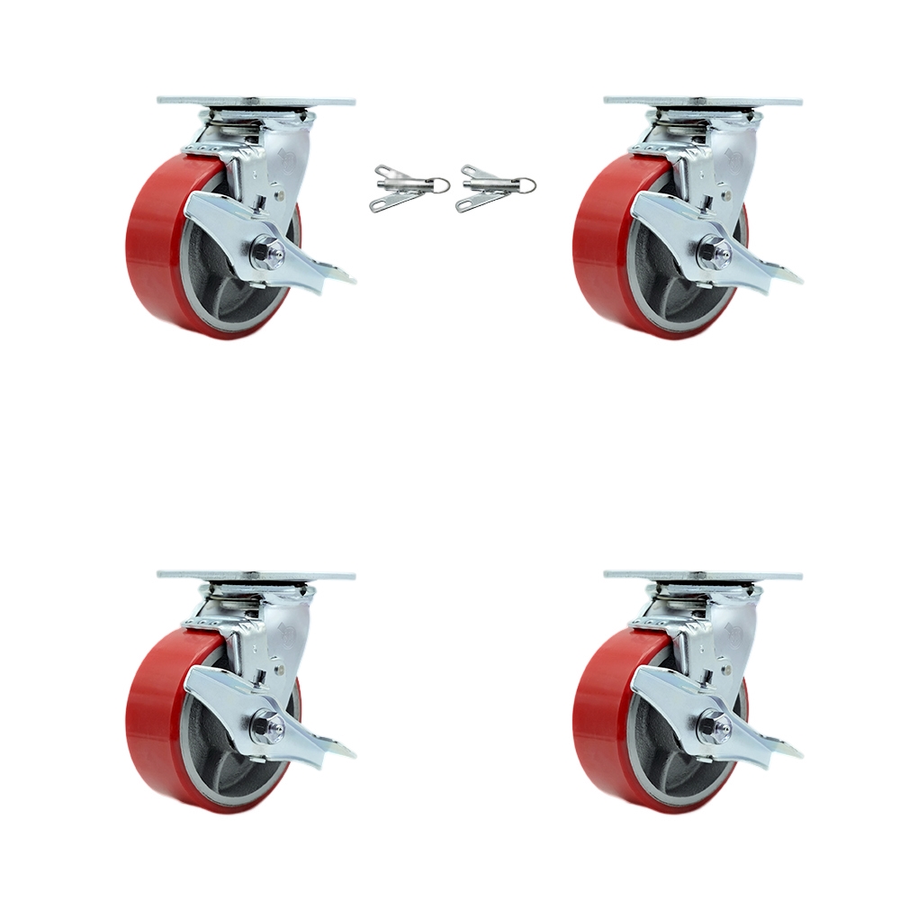 Heavy Duty Swivel Caster Set with 5 Inch Red Polyurethane on Cast Iron Wheels and Ball Bearings-Includes 2 Swivel with Brakes and Bolt on Swivel Locks and 2 Swivel with Brakes - Service Caster Brand — photo 1