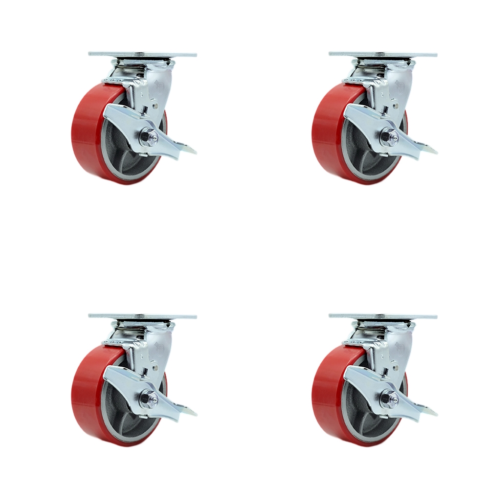 Polyurethane on Cast Iron Swivel Top Plate Casters Set of 4 Heavy Duty with 5 Inch Red Wheels - Includes 4 Swivel with Top Lock Brakes and Bolt on Swivel Locks - Service Caster Brand — photo 1