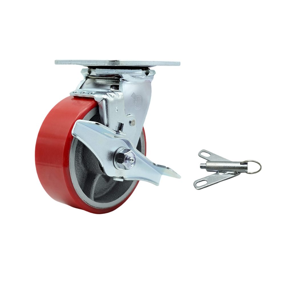 Polyurethane on Cast Iron Swivel Top Plate Heavy Duty Caster with 5 Inch Red Wheel and Top Lock Brake and Bolt on Swivel Lock – 1,000 lbs. Capacity/Caster - Service Caster Brand — photo 1