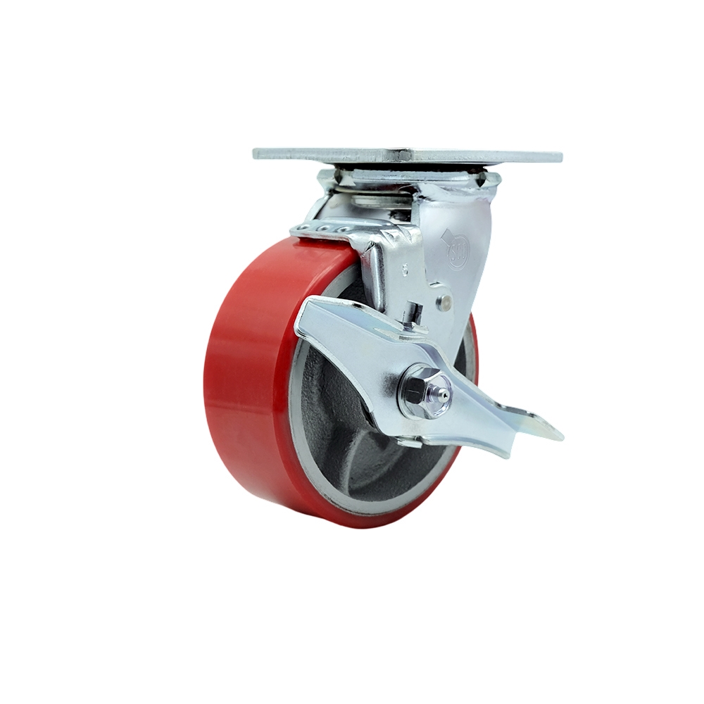 5" Heavy Duty Swivel Caster with Red Polyurethane on Iron Wheel and Brake - 1,000 lbs Capacity - Service Caster Brand — photo 1