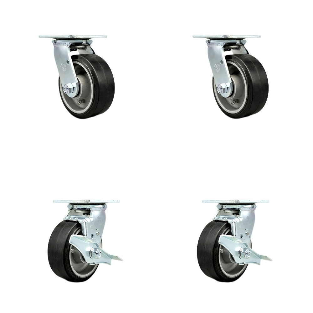 Stainless Steel Heavy Duty Swivel Caster Set of 4 with 5 Inch Rubber on Aluminum Wheels and Delrin Bearings - Includes 2 Swivel with Brakes and 2 Swivel - Service Caster Brand — photo 1