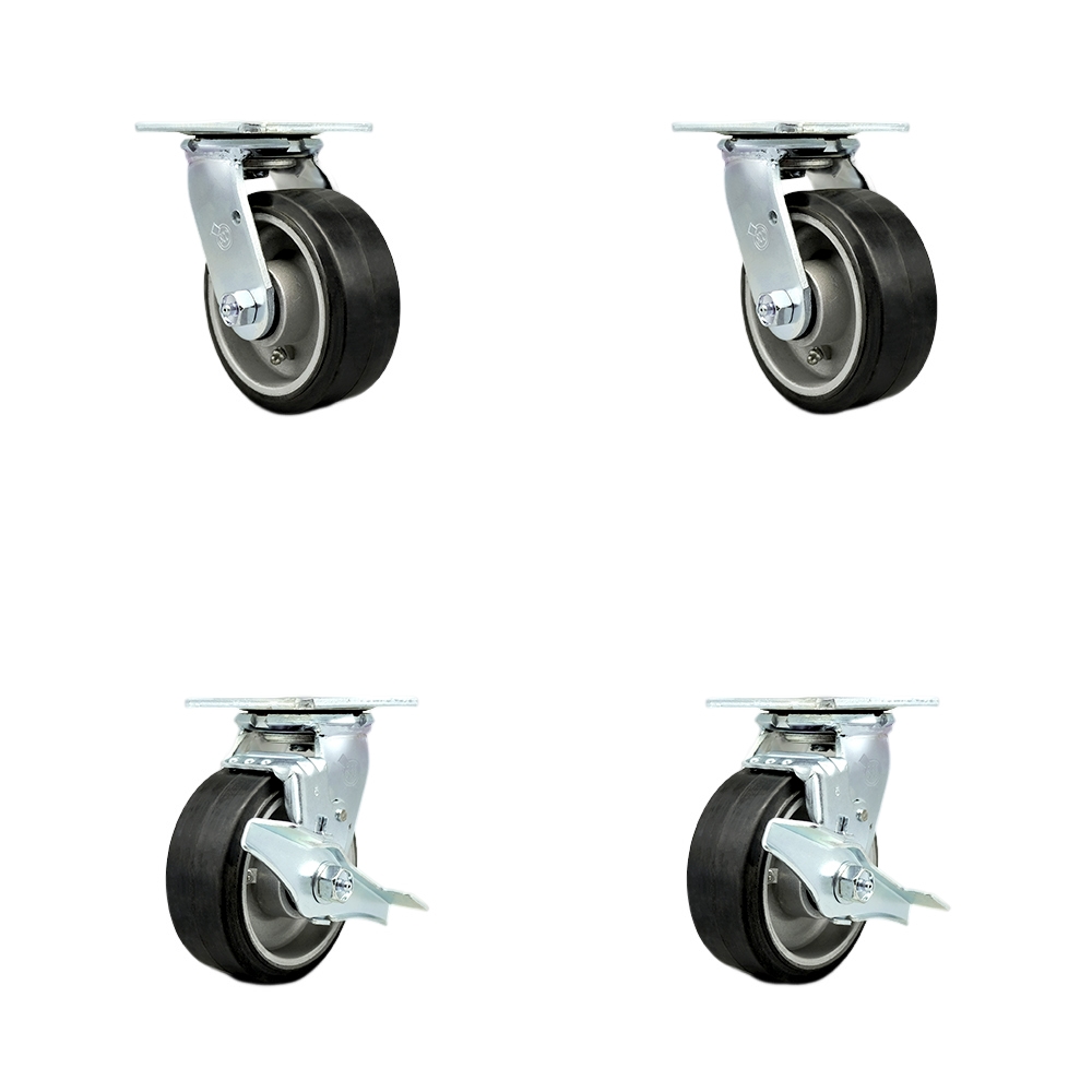 Stainless Steel Heavy Duty Swivel Caster Set with 5 Inch Rubber on Aluminum Wheels and Delrin Bearings-Includes 2 Swivel with Bolt on Swivel Locks and 2 Swivel with Brakes-Service Caster Brand — photo 1