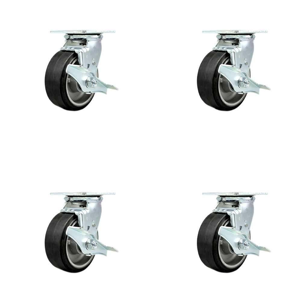Rubber on Aluminum Swivel Top Plate Casters Set of 4 Heavy Duty with 5 Inch Wheels - Includes 4 Swivel with Top Lock Brakes – 2,000 lbs. Total Capacity - Service Caster Brand — photo 1