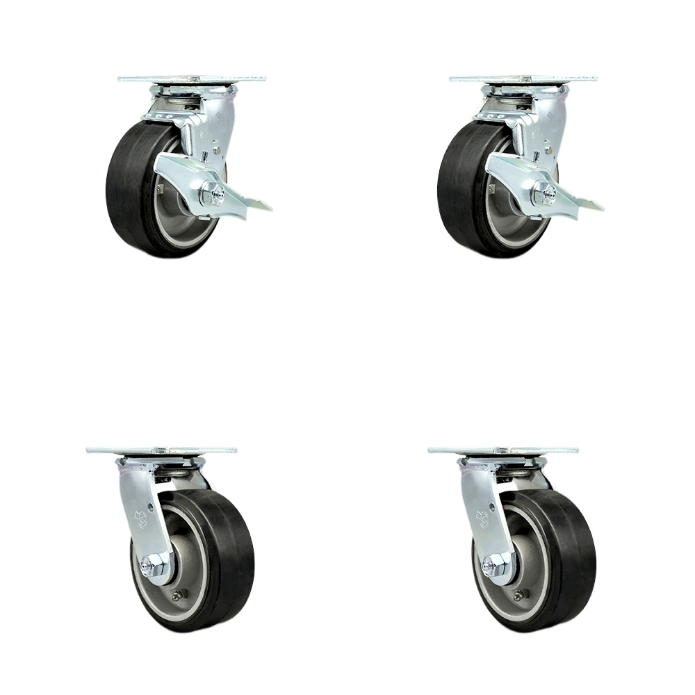 Stainless Heavy Duty Caster Set with 5 Inch Rubber on Aluminum Wheels and Ball Bearing-Include 2 Swivel w/Brake and Bolt on Swivel Lock and 2 Swivel w/Bolt on Swivel Lock-Service Caster Brand — photo 1