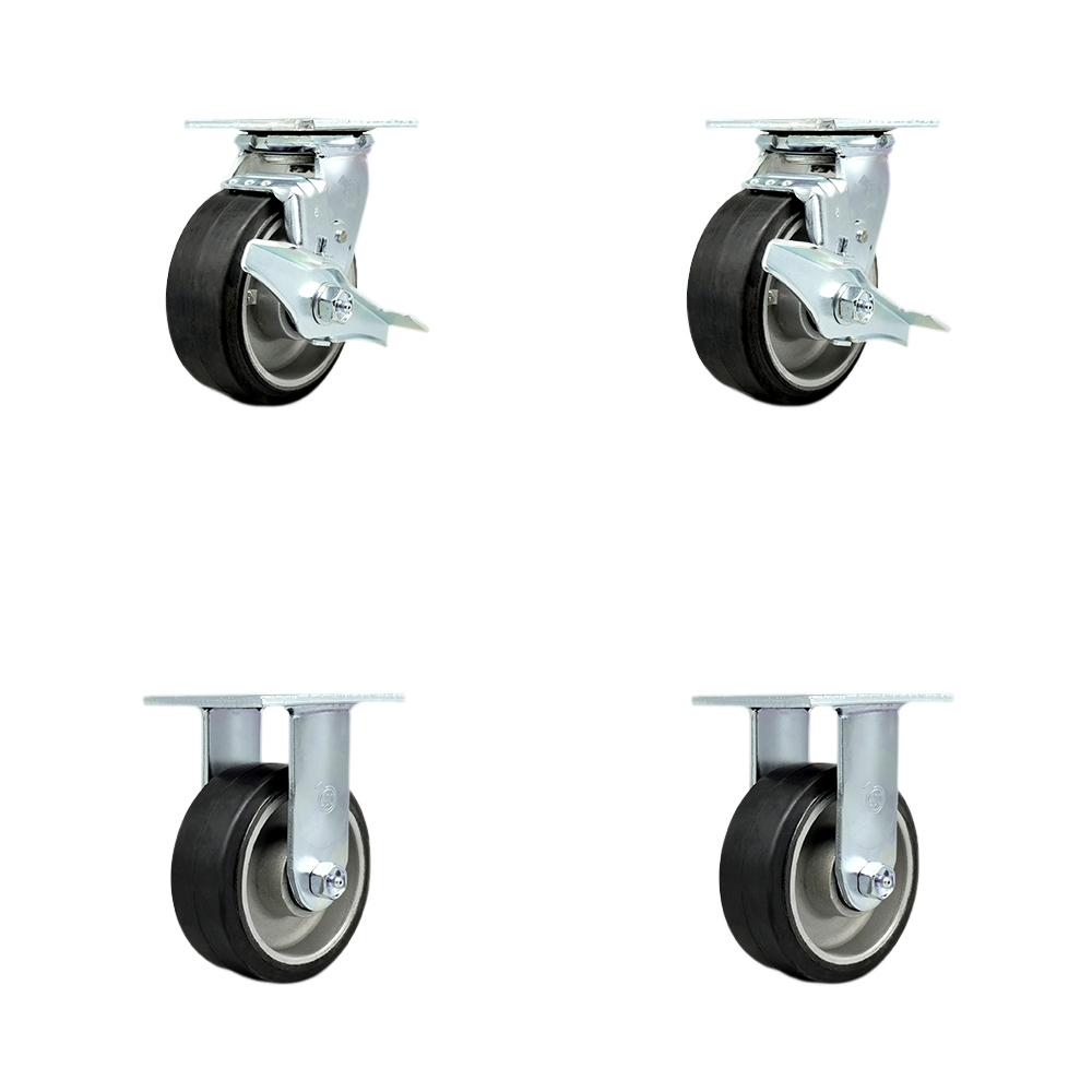 Stainless Steel Heavy Duty Swivel Caster Set with 5 Inch Rubber on Aluminum Wheels and Ball Bearings - Includes 2 Swivel with Brakes and Bolt on Swivel Locks and 2 Rigid-Service Caster Brand — photo 1