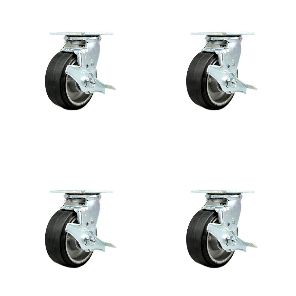 Stainless Steel Heavy Duty Swivel Caster Set with 5 Inch Rubber on Aluminum Wheels and Ball Bearing-Include 2 Swivel w/Brake and Bolt on Swivel Lock and 2 Swivel w/Brake-Service Caster Brand — photo 1