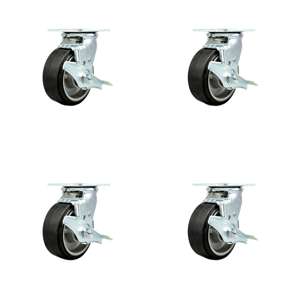 Rubber on Aluminum Swivel Top Plate Casters Set of 4 Heavy Duty with 5 Inch Wheels - Includes 4 Swivel with Top Lock Brakes and Bolt on Swivel Locks – 2,000 lbs. Total Capacity - Service Caster Brand — photo 1