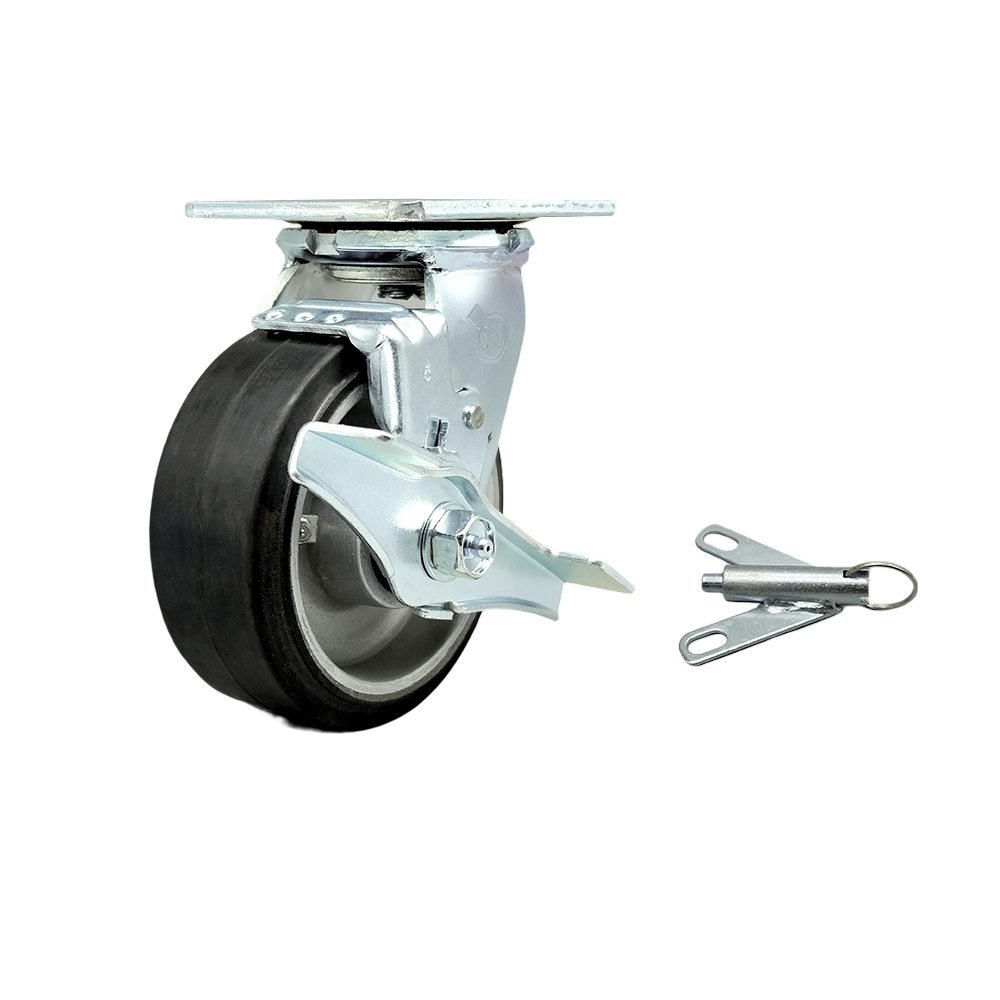 Heavy Duty Swivel Top Plate Caster with Top Lock Brake and Bolt on Swivel Lock and 5 Inch Rubber on Aluminum Wheel with Ball Bearings - 500 lbs. Capacity/Caster - Service Caster Brand — photo 1