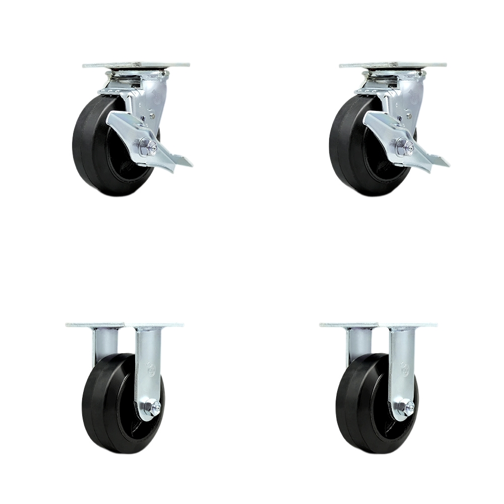 Rubber on Metal Swivel Top Plate Casters Set of 4 Heavy Duty with 5 Inch Wheels - Includes 2 Swivel with Brakes and 2 Rigid – 1,600 lbs. Total Capacity - Service Caster Brand — photo 1