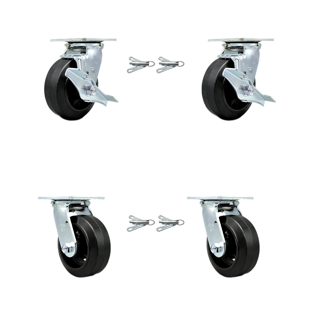 Rubber on Metal Swivel Top Plate Casters Set 4 Heavy Duty with 5 Inch Wheels - Includes 2 Swivel with Brakes and Bolt on Swivel Locks and 2 Swivel with Bolt on Swivel Locks - Service Caster Brand — photo 1