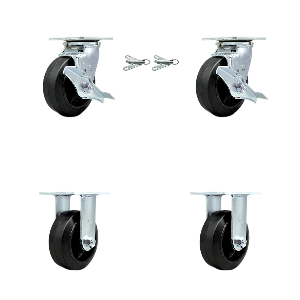 Heavy Duty Swivel Caster Set of 4 with 5 Inch Rubber on Metal Wheels and Ball Bearings - Includes 2 Swivel with Brakes and Bolt on Swivel Locks and 2 Rigid - Service Caster Brand — photo 1