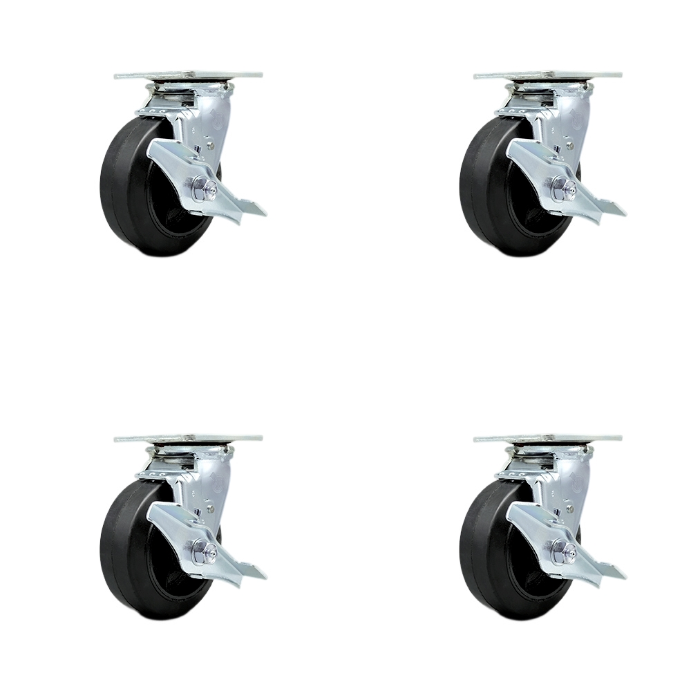 Heavy Duty Swivel Caster Set of 4 with 5 Inch Rubber on Metal Wheels and Ball Bearings - Includes 4 Swivel with Top Lock Brakes and Bolt on Swivel Locks - Service Caster Brand — photo 1