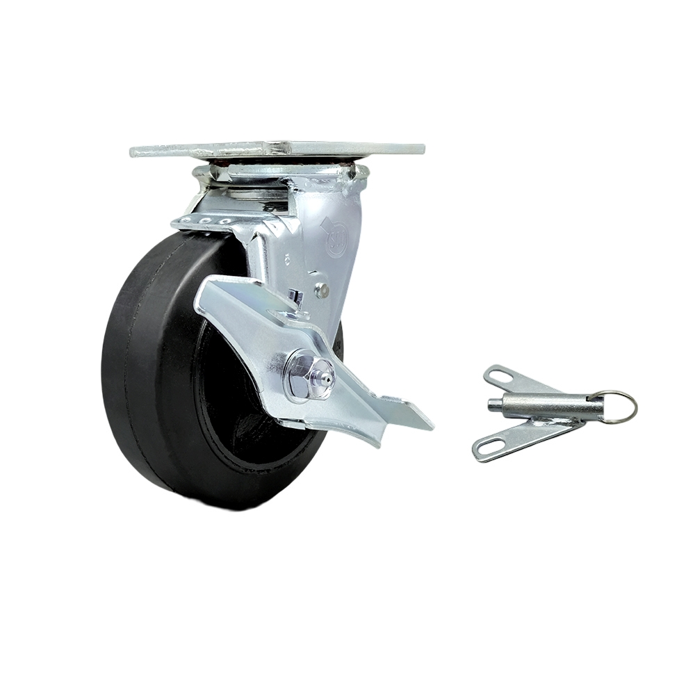 Heavy Duty Swivel Top Plate Caster with Top Lock Brake and Bolt on Swivel Lock and 5 Inch Rubber on Metal Wheel with Ball Bearings - 400 lbs. Capacity/Caster - Service Caster Brand — photo 1