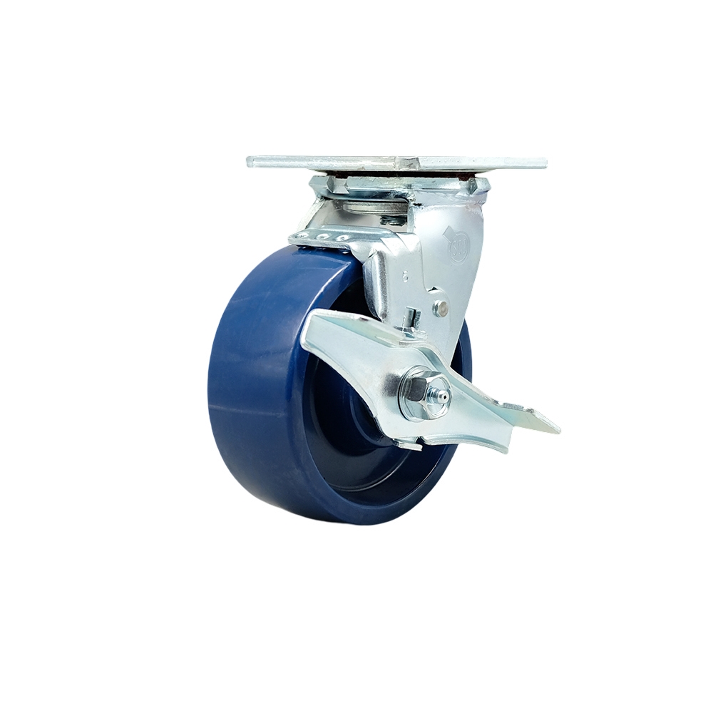 5" Heavy Duty Swivel Caster with Blue Solid Polyurethane Wheel and Brake - 1,000 lbs Capacity - Service Caster Brand — photo 1